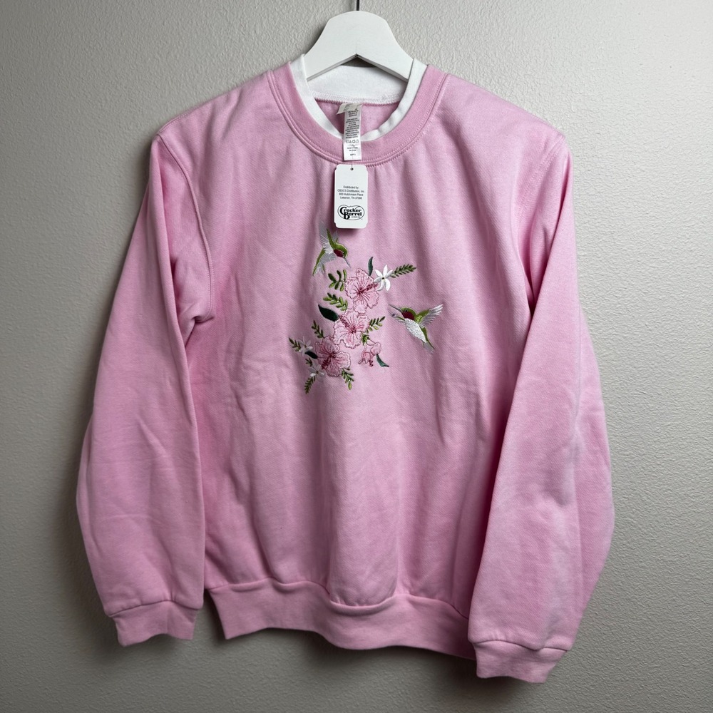 Cracker Barrel Hummingbird Fleece Sweatshirt Small Pink Embroidered Floral NEW
